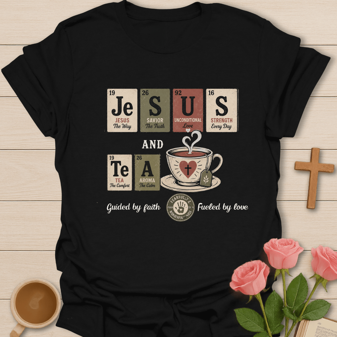 Jesus & Tea Periodic Table T-Shirt KozzyCo Christian and tea lover design