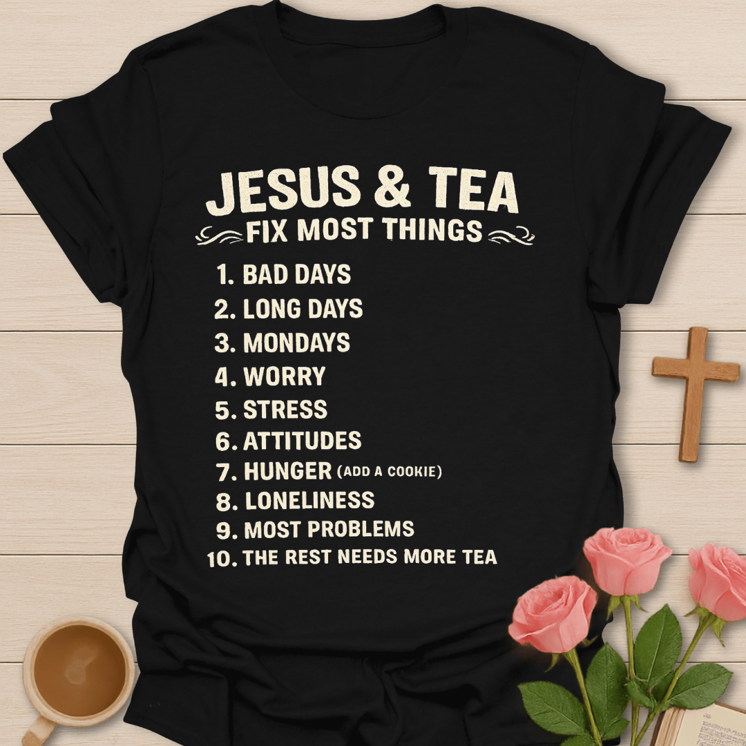 Jesus & Tea Fix Most Things T-Shirt KozzyCo Christian and tea lover design