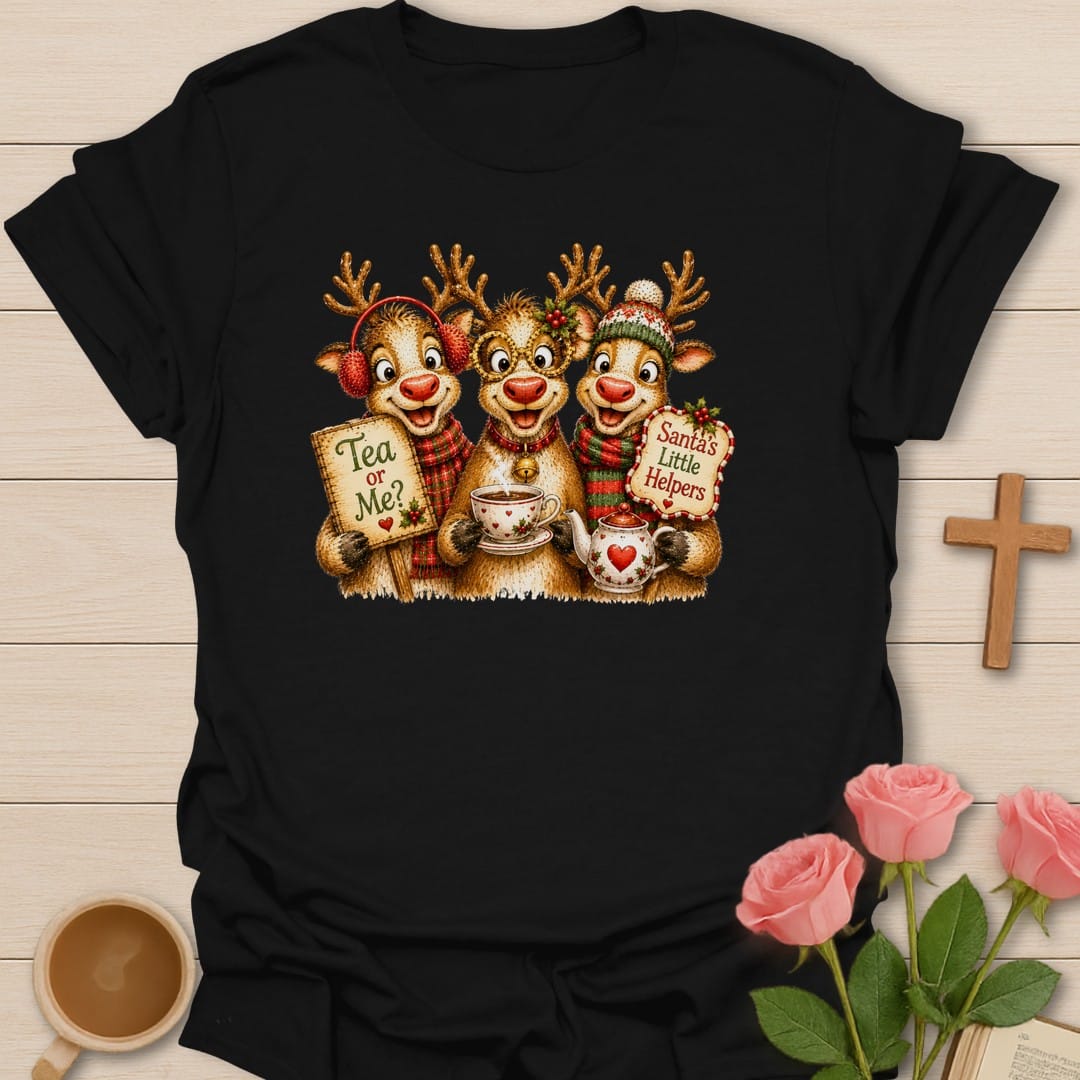 Santa's Little Helpers t-shirt with playful Christmas artwork and faith-inspired design - Black