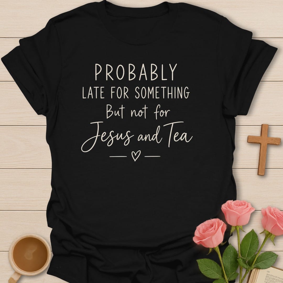 Probably Late t-shirt with playful lettering and humorous faith design - Black