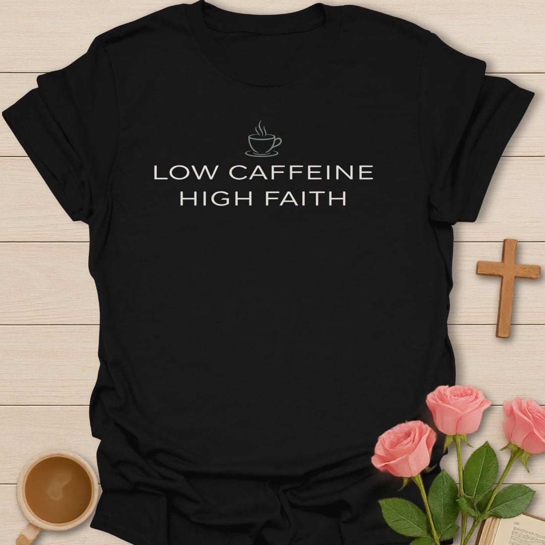 Decaf Devotion t-shirt with coffee lettering and playful faith design - Black
