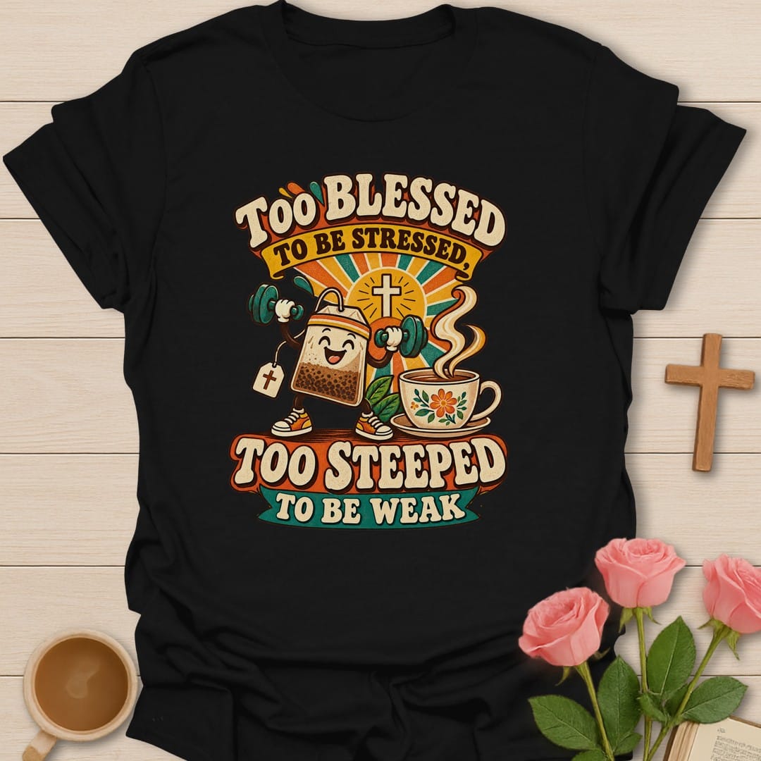Steeped Strong t-shirt with bold tea lettering and faith-inspired design - Black