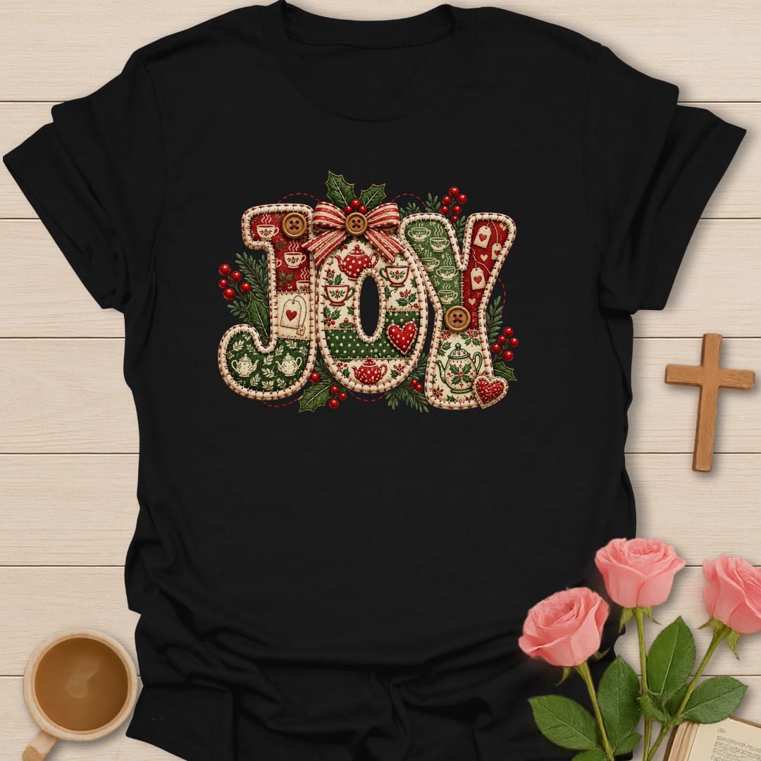 Joy Stitched t-shirt with playful joy lettering and faith-inspired design - Black
