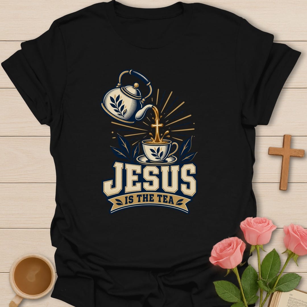 Steeped Faith t-shirt with tea steeping lettering and faith-inspired design - Black