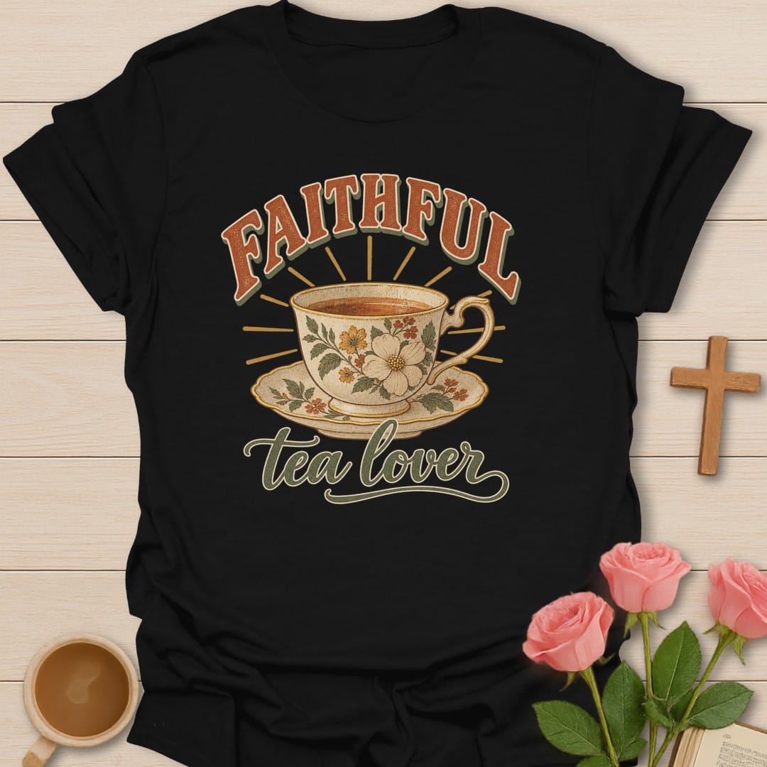 Faithful Tea Lover t-shirt with tea lover lettering and faith-inspired design - Black