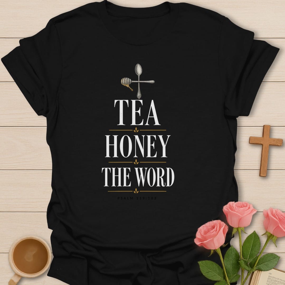 Sweet Honey Word t-shirt with honey and Scripture lettering and faith-inspired design - Black
