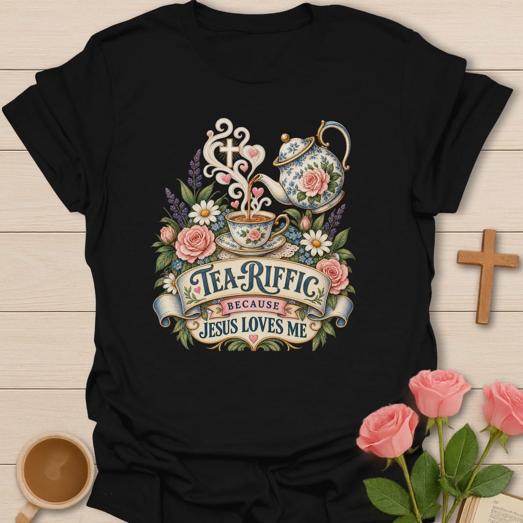Tea-Riffic t-shirt with playful tea pun lettering and cheerful design - Black
