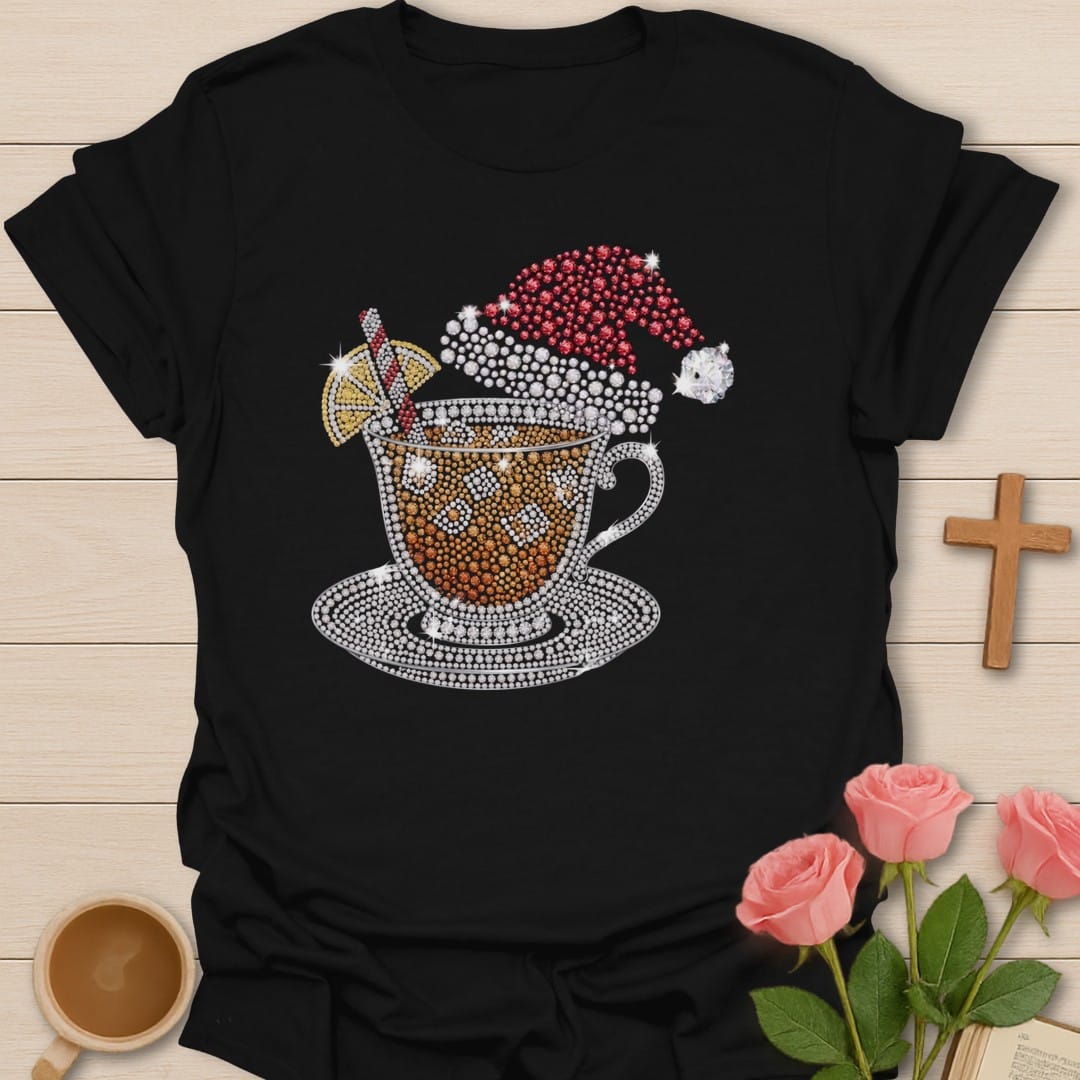 Tea Cup Santa t-shirt with festive tea cup and Santa artwork and faith-inspired design - Black