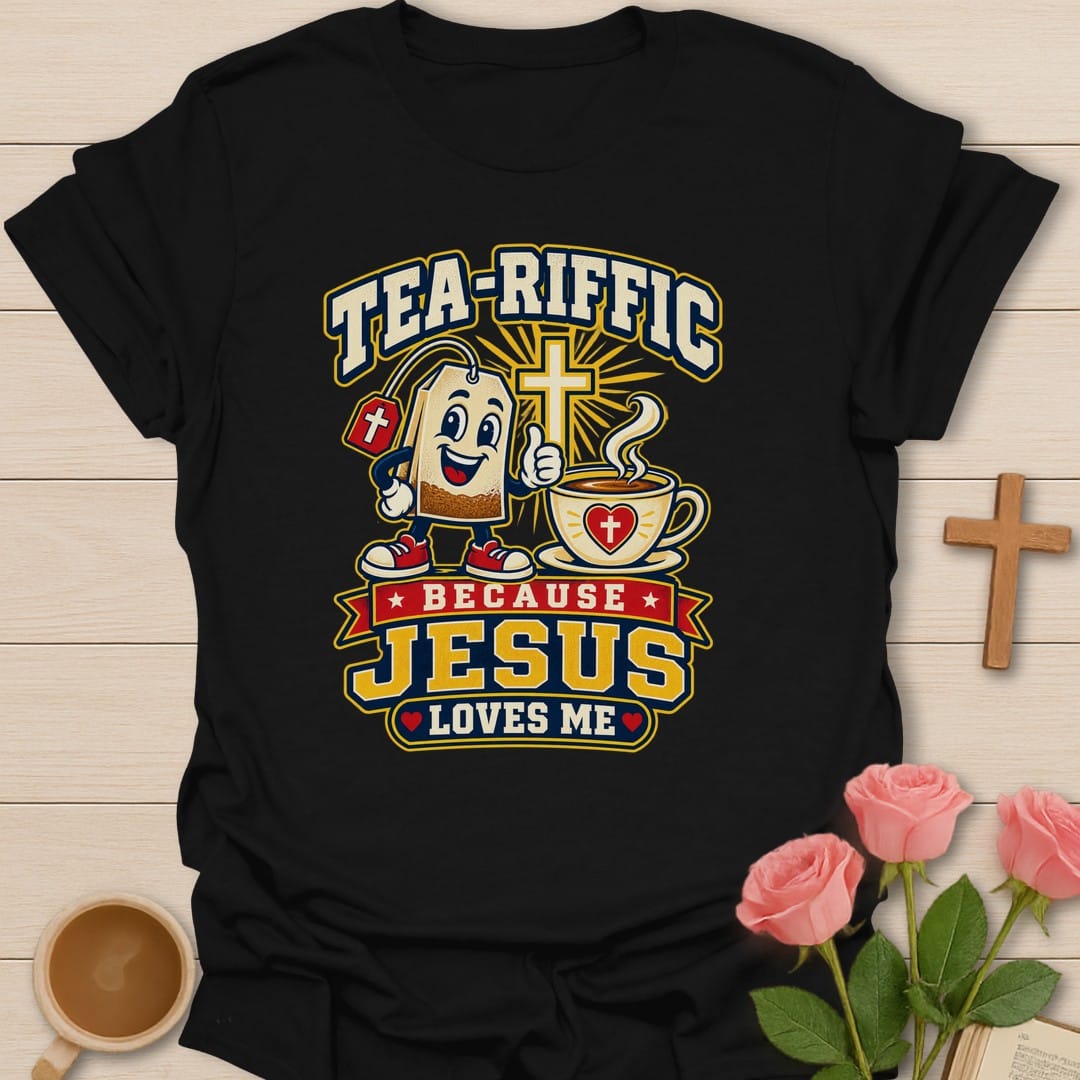 Tea-Riffic Faith t-shirt with punny tea lettering and faith design - Black