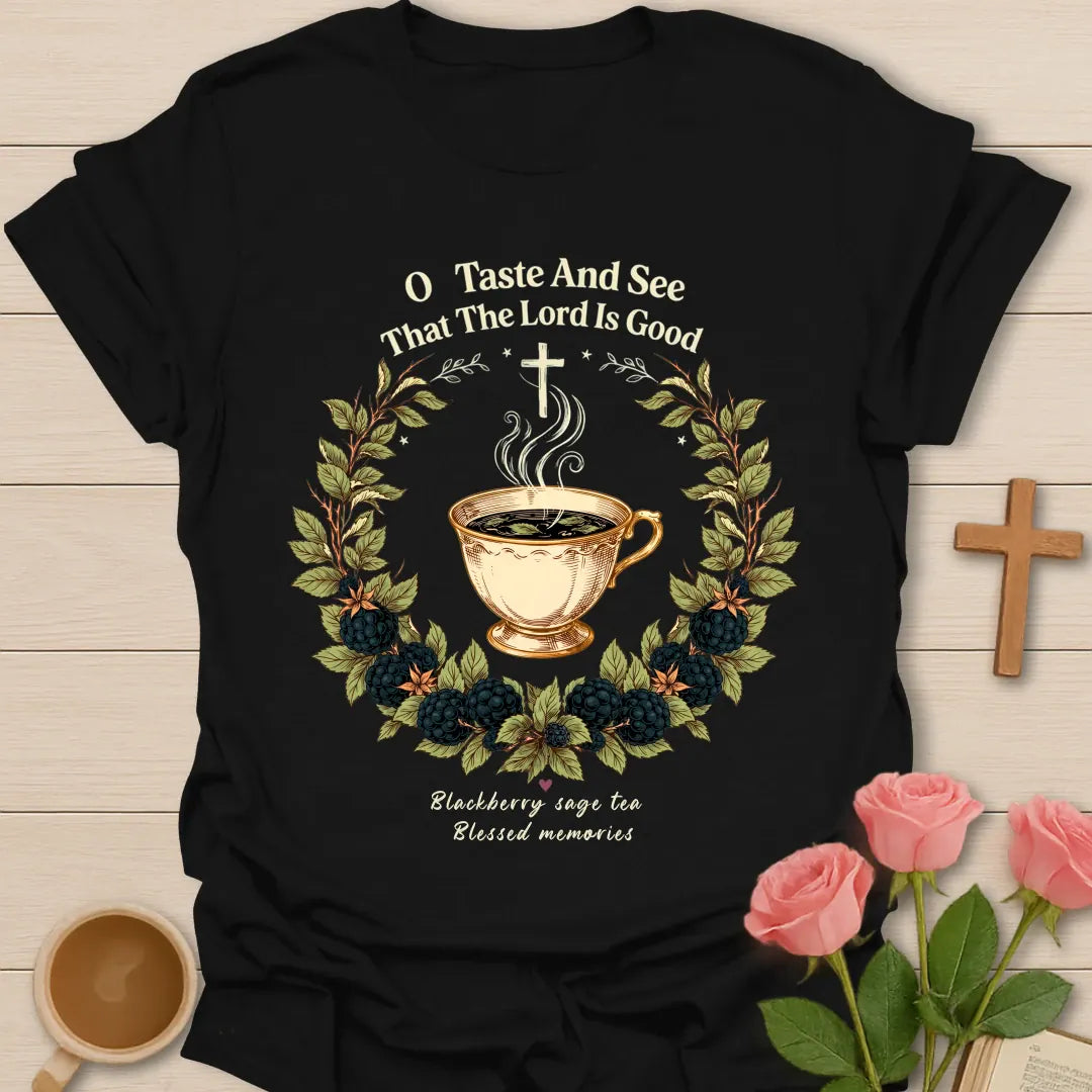 Blackberry Sage Tea shirt with blackberries, sage leaves, teacup, and vintage lettering. - Black