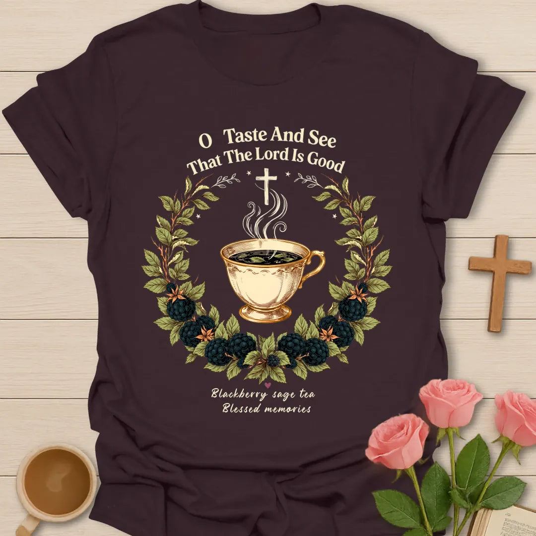 Blackberry Sage Tea shirt with blackberries, sage leaves, teacup, and vintage lettering. - Dark Chocolate