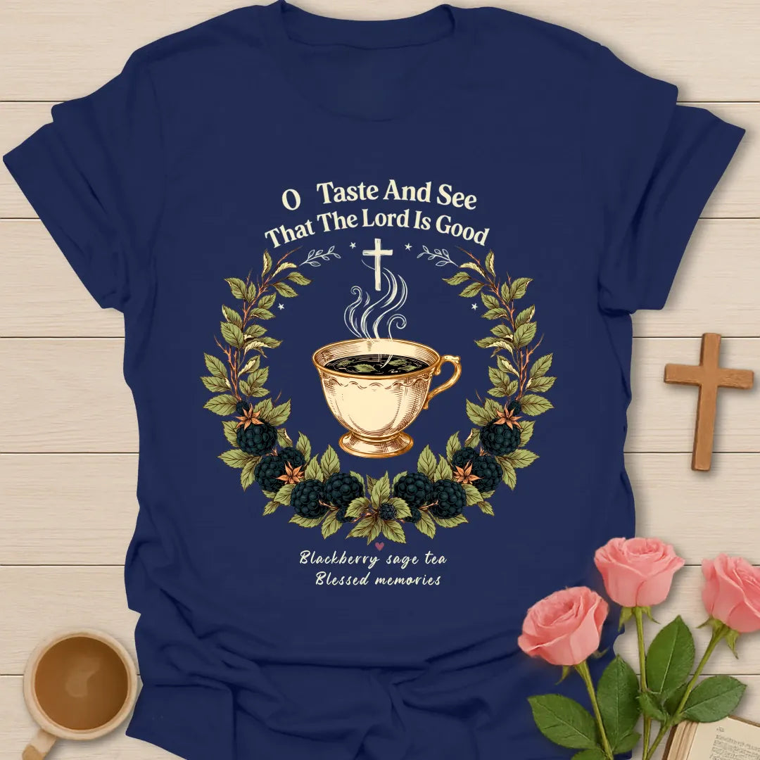 Blackberry Sage Tea shirt with blackberries, sage leaves, teacup, and vintage lettering. - Navy