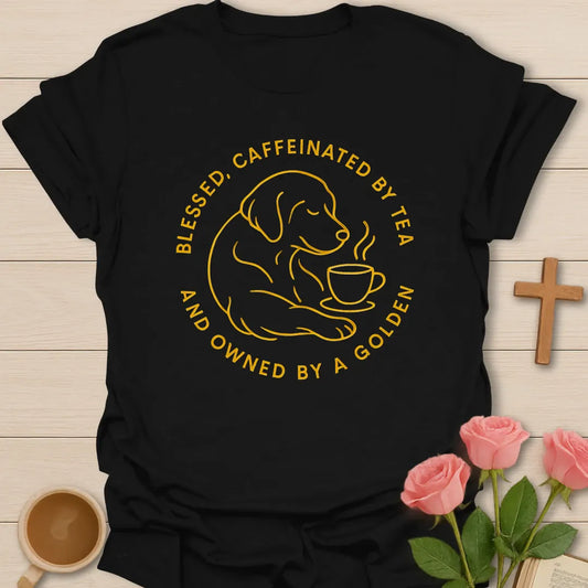 Blessed and Caffeinated By Tea shirt with teacup, cross, and cream vintage lettering. - Black