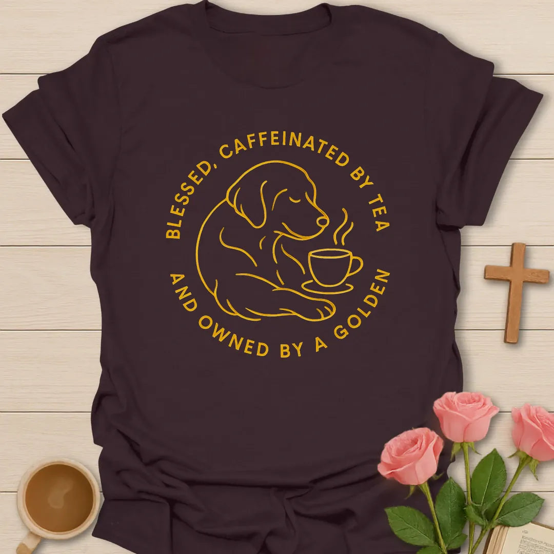 Blessed and Caffeinated By Tea shirt with teacup, cross, and cream vintage lettering. - Dark Chocolate