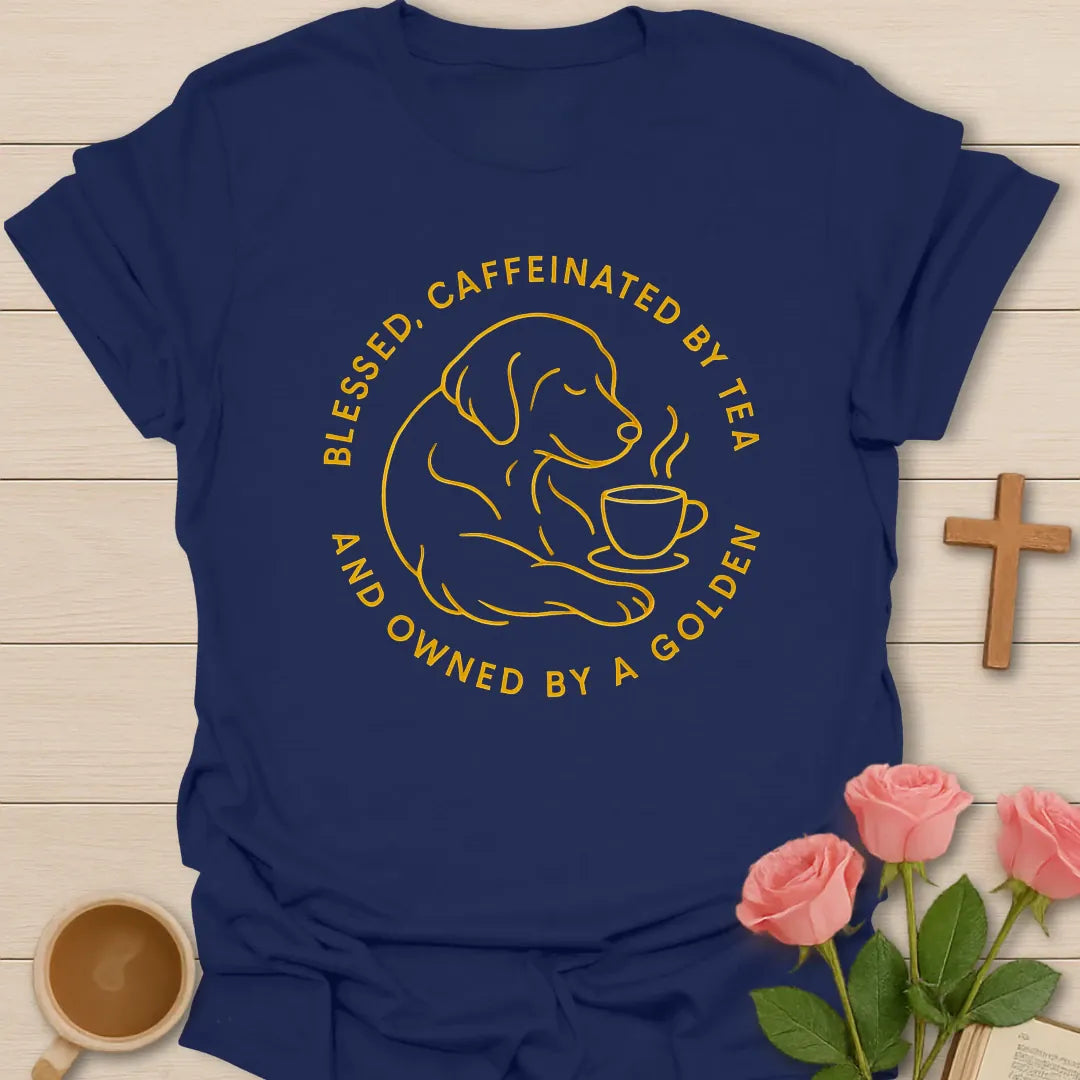 Blessed and Caffeinated By Tea shirt with teacup, cross, and cream vintage lettering. - Navy