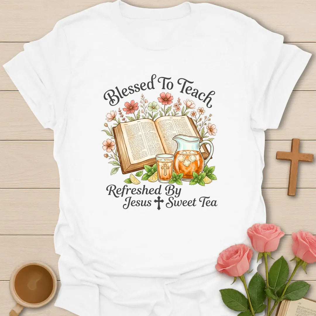 Blessed To Teach shirt with open Bible, floral accents, iced tea pitcher, cross, and Refreshed by Jesus and Sweet Tea text. - White