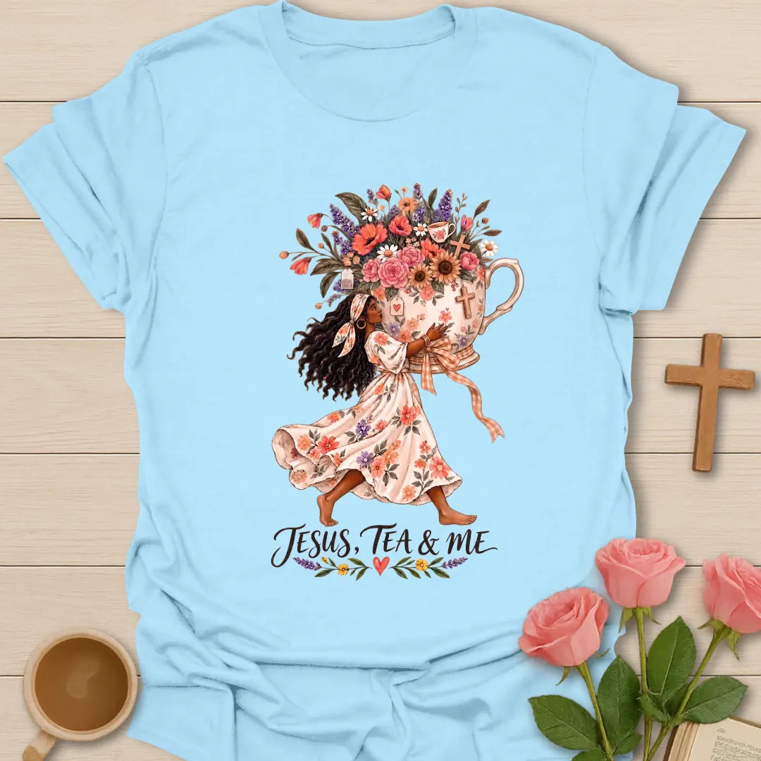 Blessed With Extra Tea shirt with playful lettering and faith-inspired design. - Light Blue