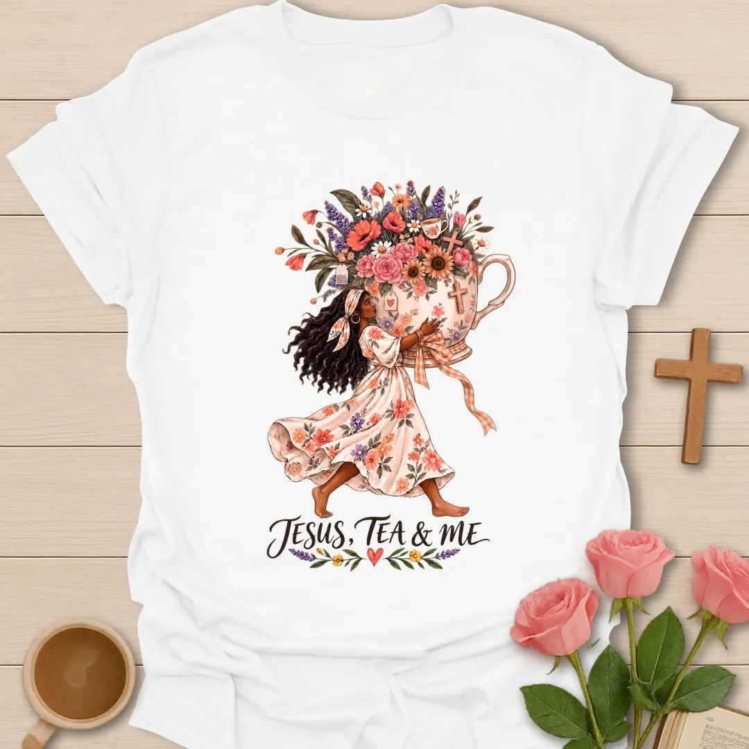 Blessed With Extra Tea shirt with playful lettering and faith-inspired design. - White