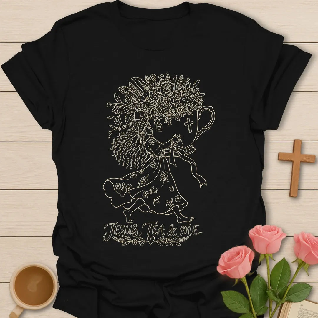 Blessed With Extra Tea shirt with playful lettering and faith-inspired design. - Black