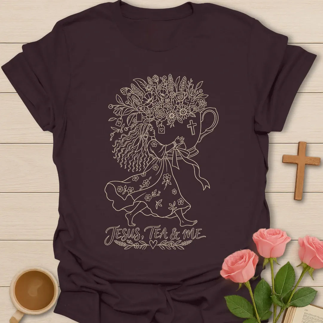 Blessed With Extra Tea shirt with playful lettering and faith-inspired design. - Dark Chocolate
