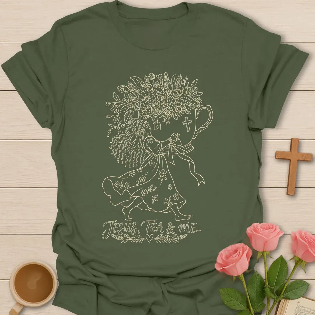 Blessed With Extra Tea shirt with playful lettering and faith-inspired design. - Military Green