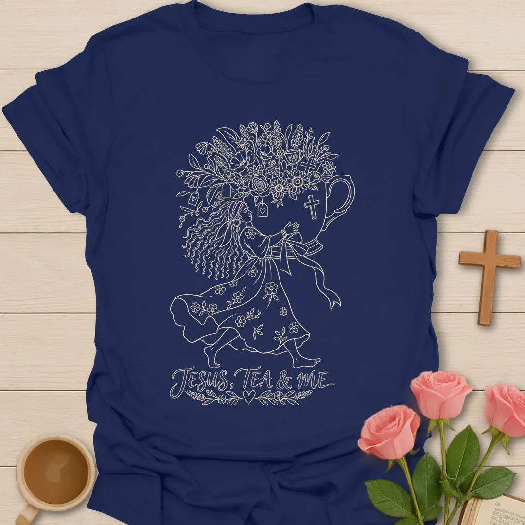 Blessed With Extra Tea shirt with playful lettering and faith-inspired design. - Navy