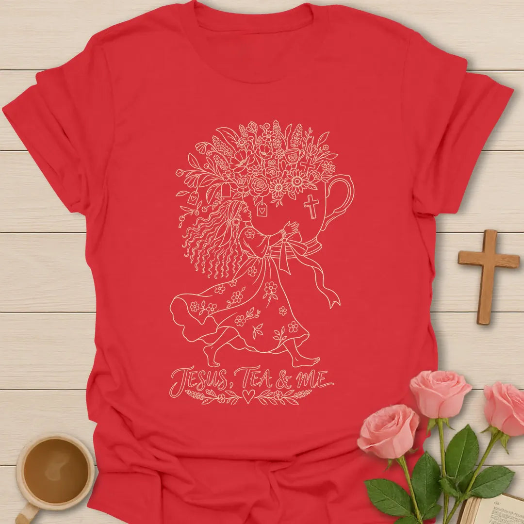 Blessed With Extra Tea shirt with playful lettering and faith-inspired design. - Red