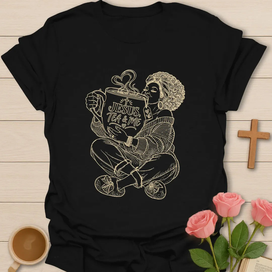 Blessed With Extra Tea shirt with playful lettering and faith-inspired design. - Black