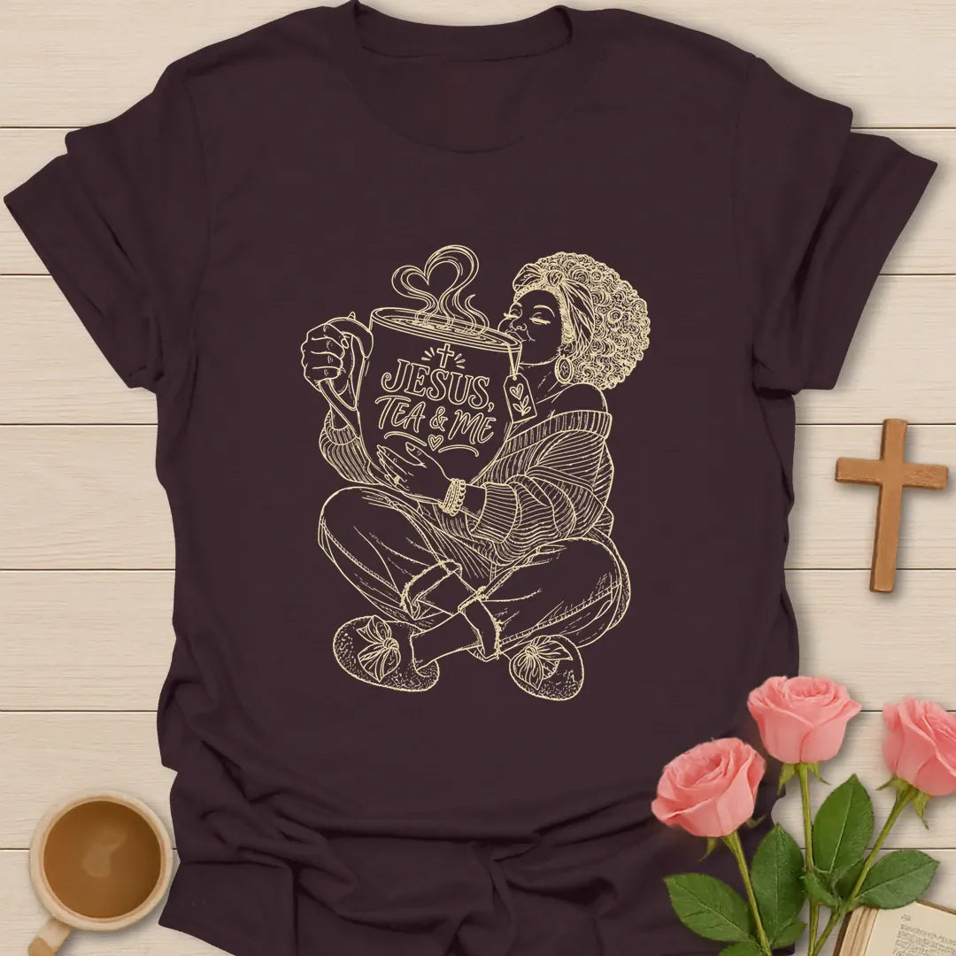 Blessed With Extra Tea shirt with playful lettering and faith-inspired design. - Dark Chocolate
