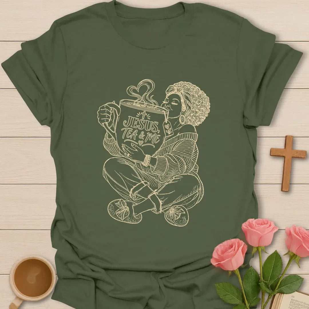 Blessed With Extra Tea shirt with playful lettering and faith-inspired design. - Military Green
