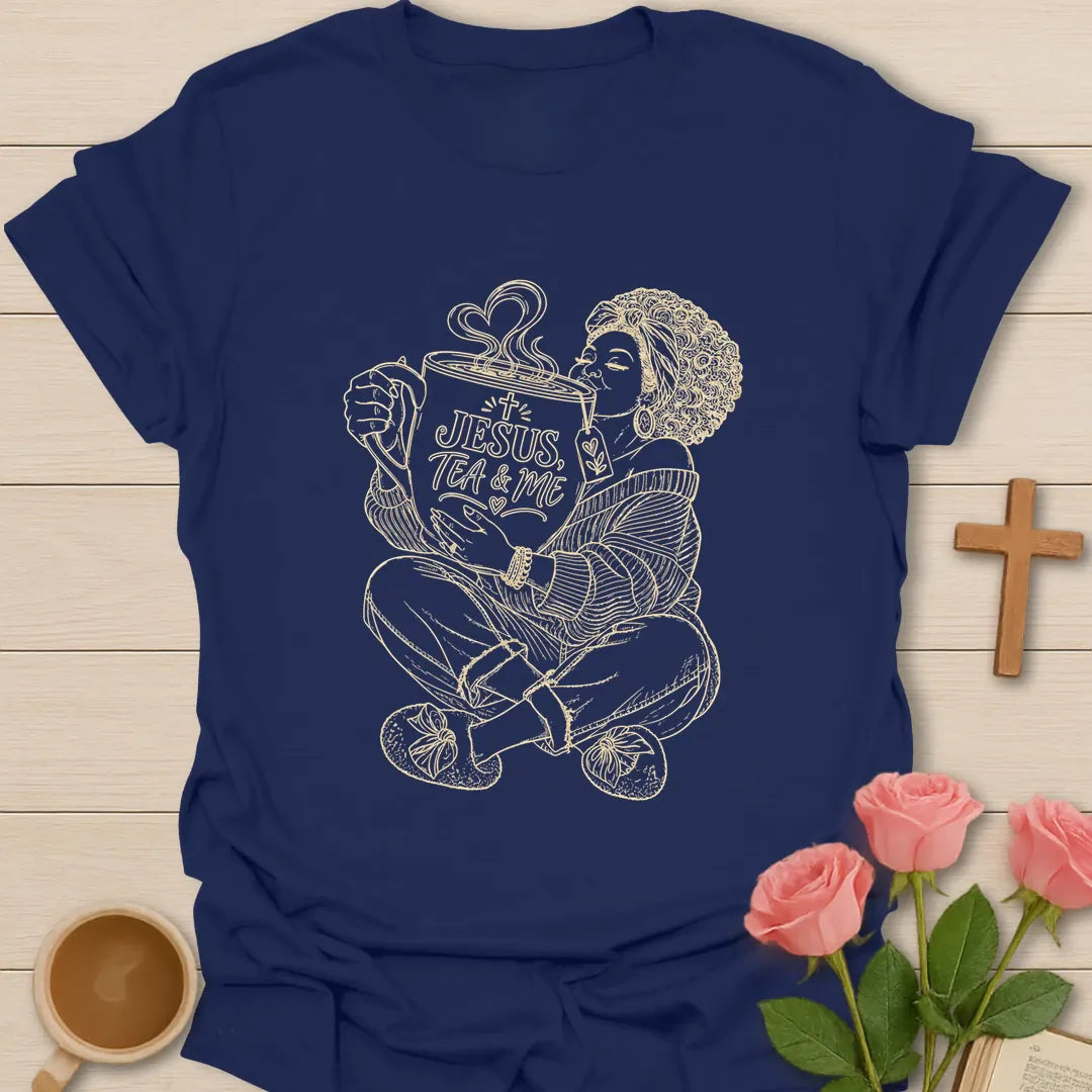 Blessed With Extra Tea shirt with playful lettering and faith-inspired design. - Navy