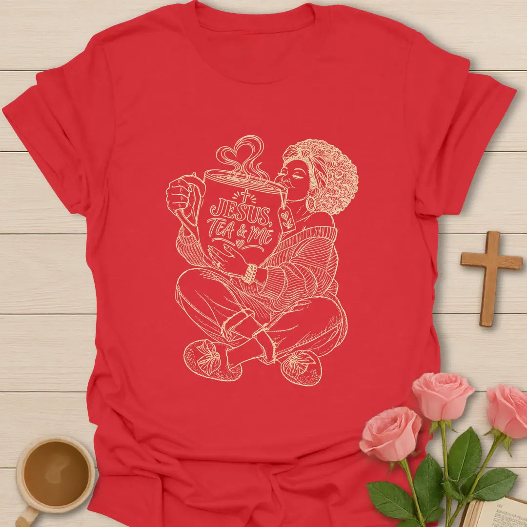 Blessed With Extra Tea shirt with playful lettering and faith-inspired design. - Red