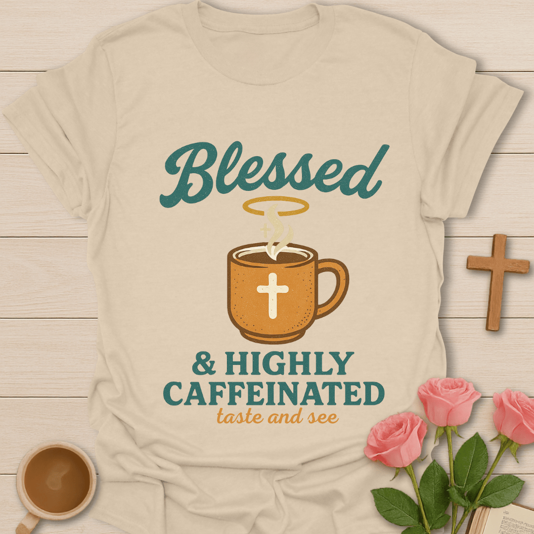 Blessed & Highly Caffeinated T-Shirt KozzyCo Christian and tea lover design