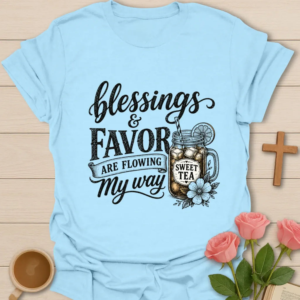 Blessings and Favor sweet tea shirt with mason jar, lemon, flowers, and vintage lettering. - Light Blue