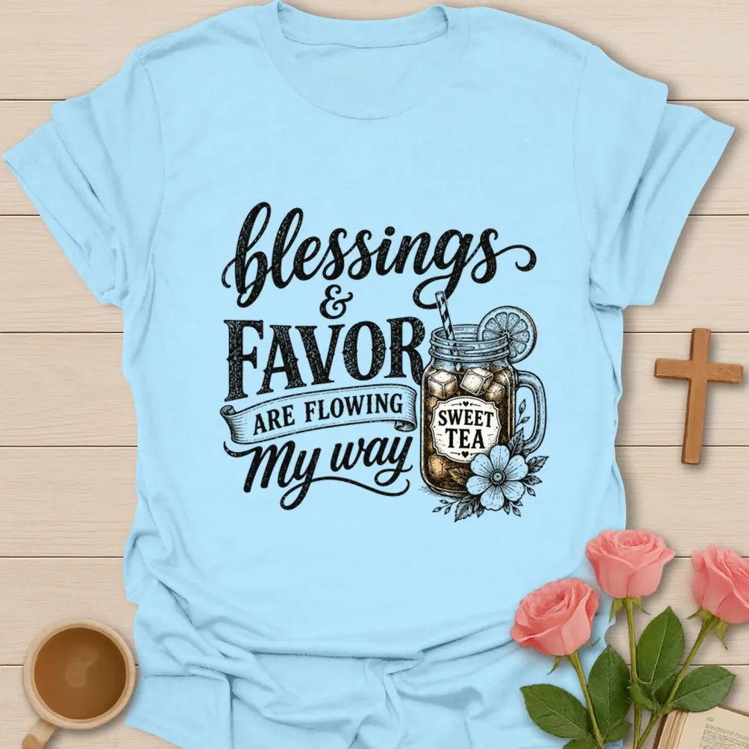 Blessings and Favor sweet tea shirt with mason jar, lemon, flowers, and vintage lettering. - Light Blue