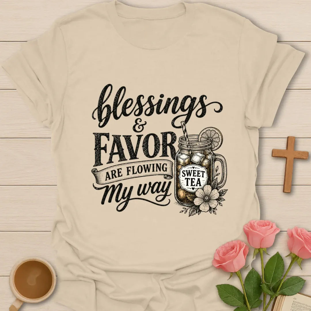 Blessings and Favor sweet tea shirt with mason jar, lemon, flowers, and vintage lettering. - Sand