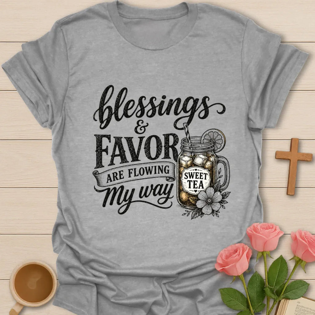 Blessings and Favor sweet tea shirt with mason jar, lemon, flowers, and vintage lettering. - Sport Grey