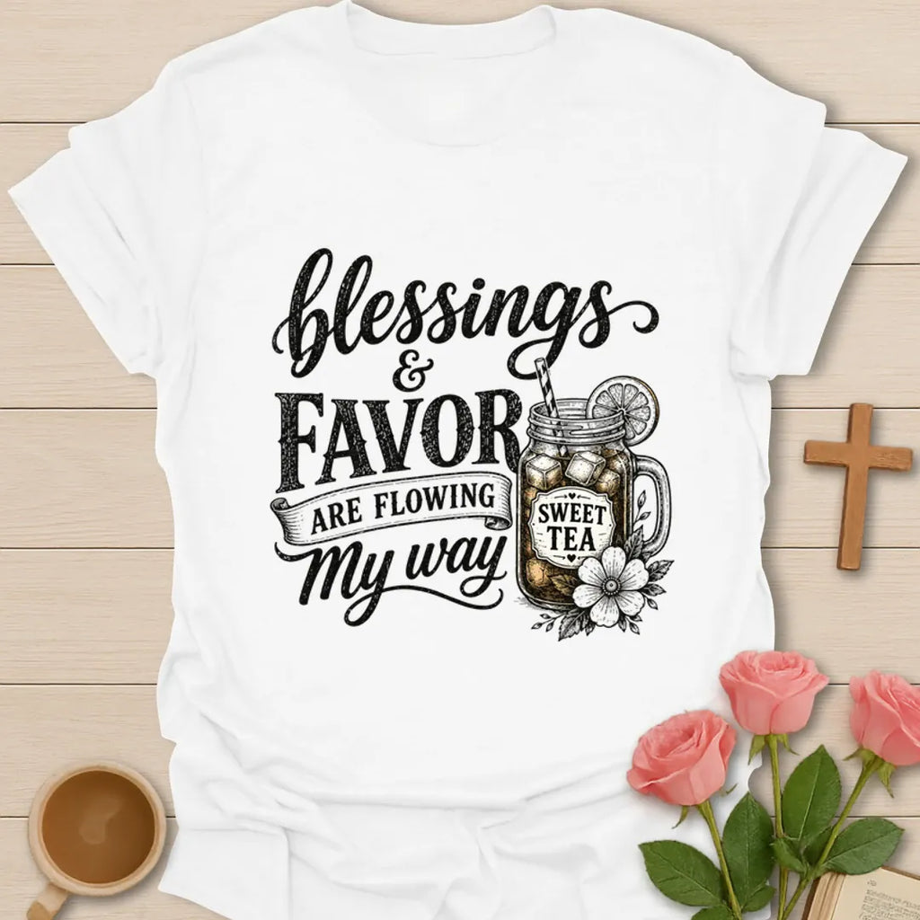 Blessings and Favor sweet tea shirt with mason jar, lemon, flowers, and vintage lettering. - White