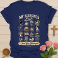 My Blessings List Count Your Blessings shirt with everyday blessings illustrated in a list - Navy