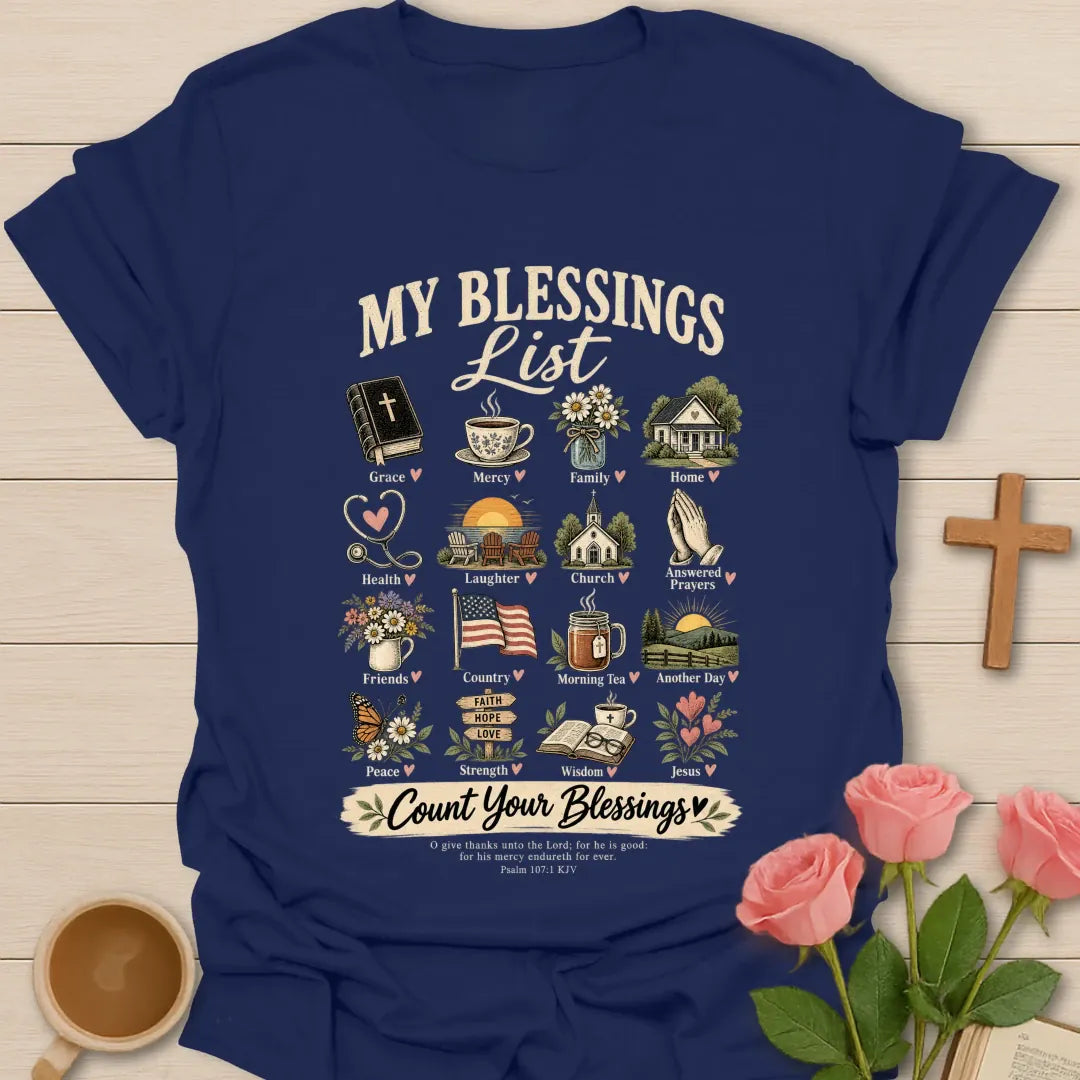 My Blessings List Count Your Blessings shirt with everyday blessings illustrated in a list - Navy