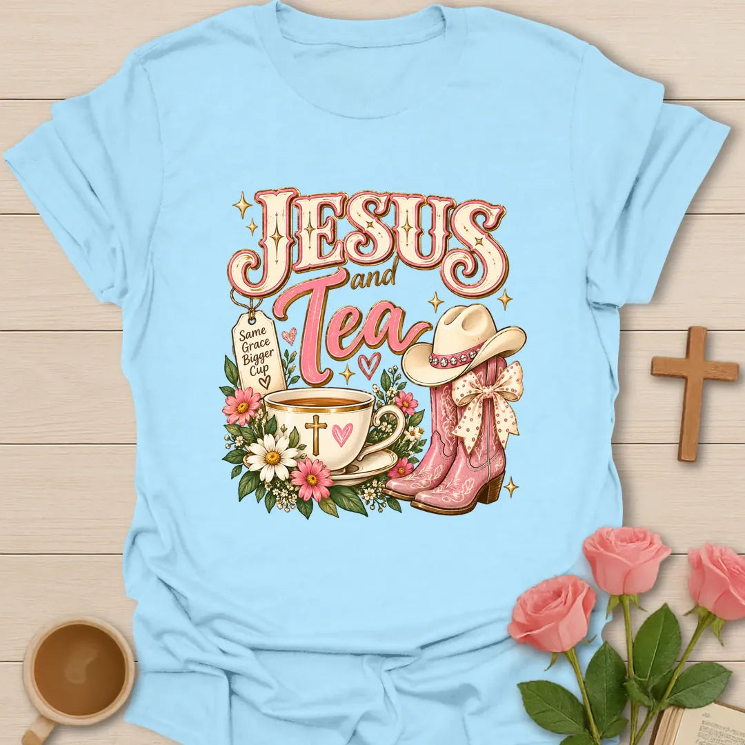 Boots And Blessings t-shirt with cowgirl boots and faith lettering design - Light Blue