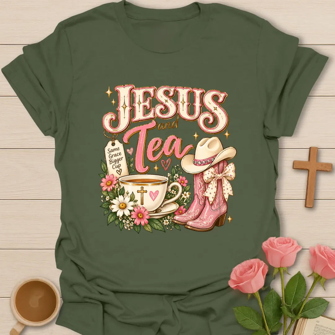 Boots And Blessings t-shirt with cowgirl boots and faith lettering design - Military Green