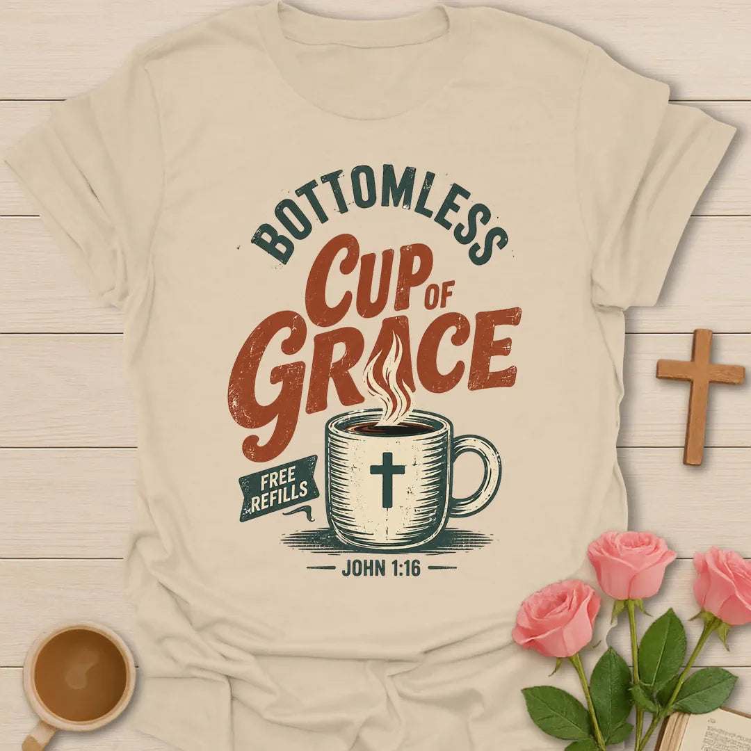 Bottomless Cup of Grace vintage Christian t-shirt with a steaming mug marked with a cross, a Free Refills banner and John 1:16 - Sand