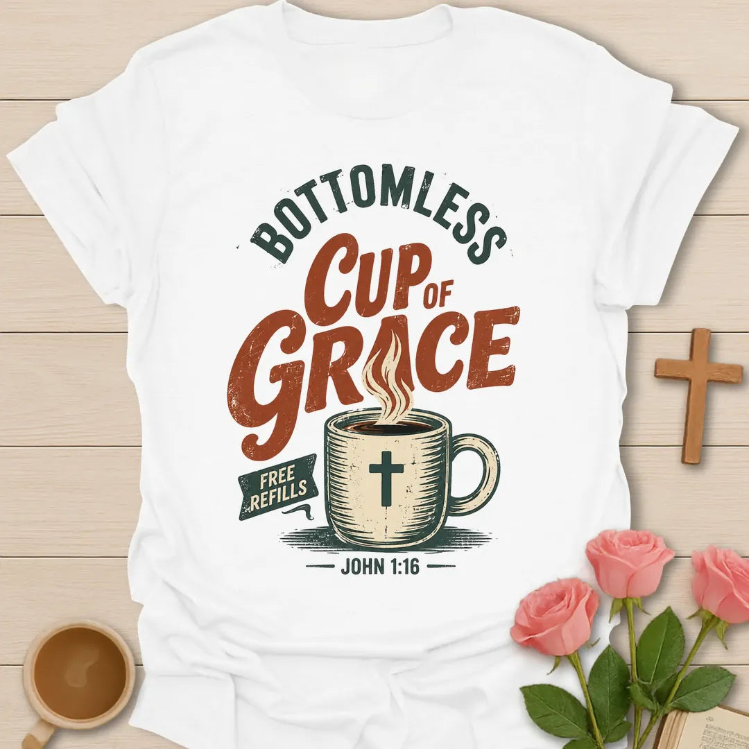 Bottomless Cup of Grace vintage Christian t-shirt with a steaming mug marked with a cross, a Free Refills banner and John 1:16 - White