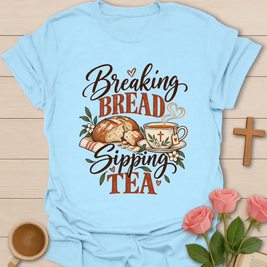 Breaking Bread t-shirt with table fellowship lettering and faith design - Light Blue