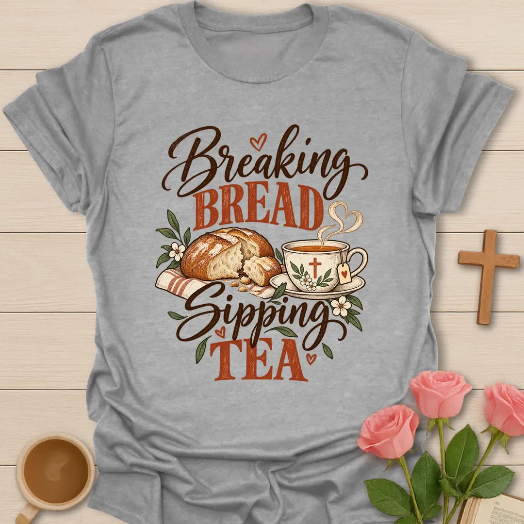 Breaking Bread t-shirt with table fellowship lettering and faith design - Sport Grey