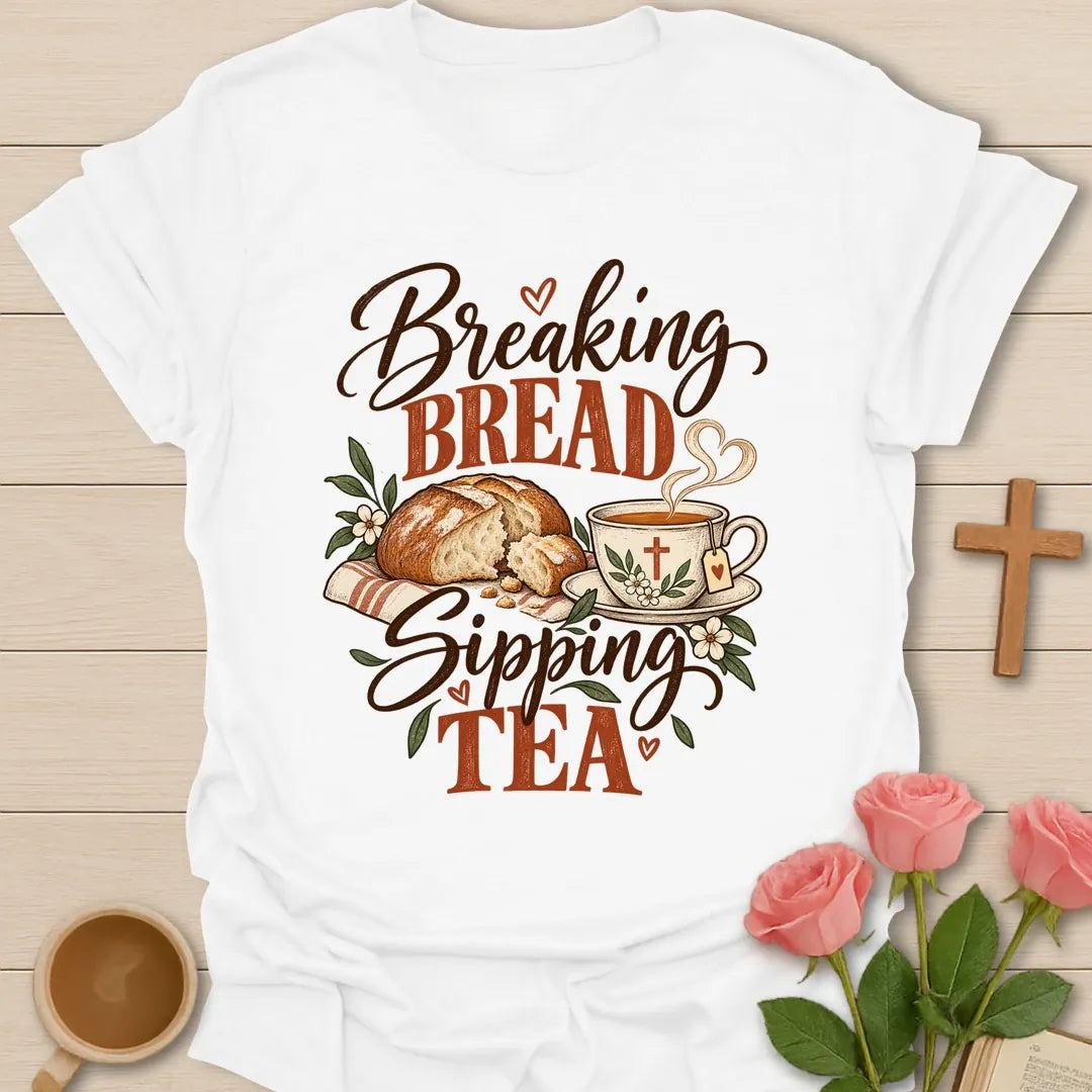 Breaking Bread t-shirt with table fellowship lettering and faith design - White