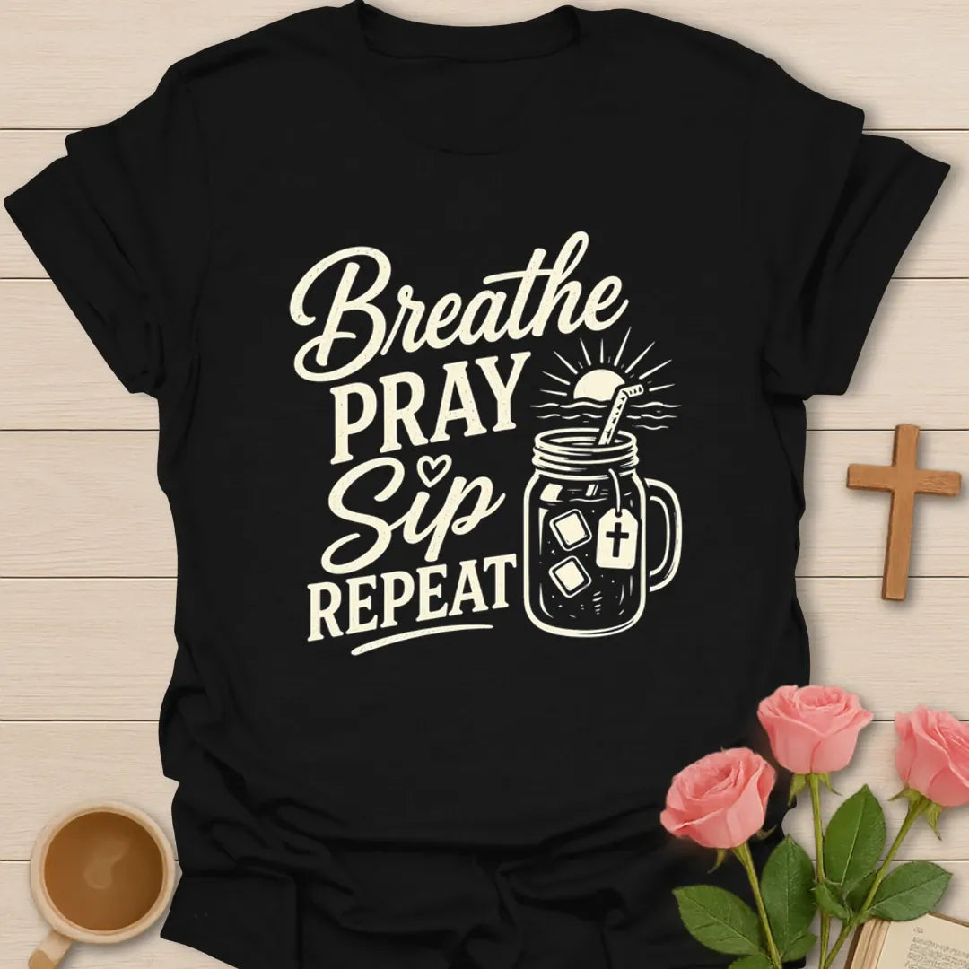 Breathe Pray Sip Repeat T-Shirt KozzyCo Christian and tea lover design