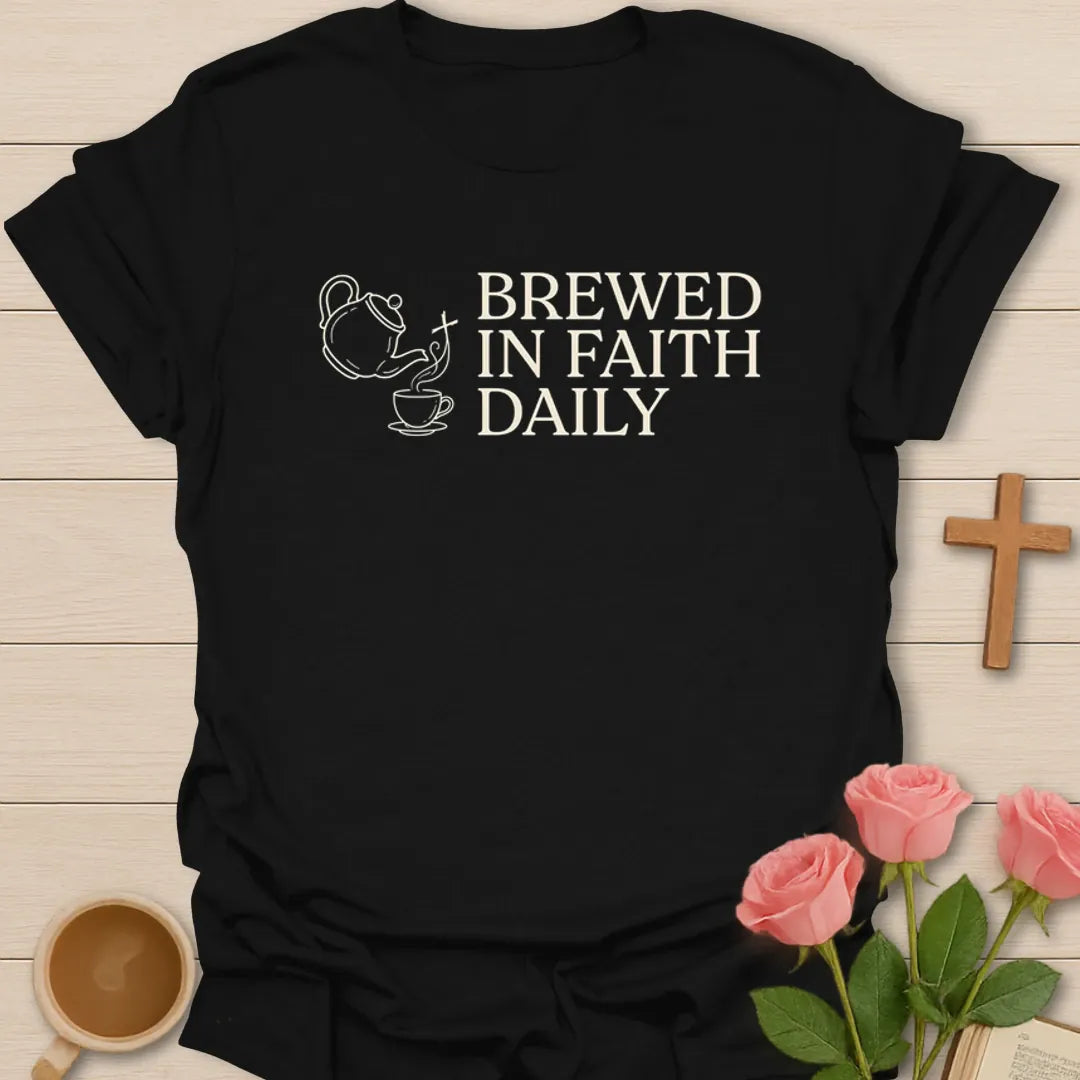 Brewed In Faith Daily Christian tea shirt with teapot, teacup, steam, and white vintage lettering - Black