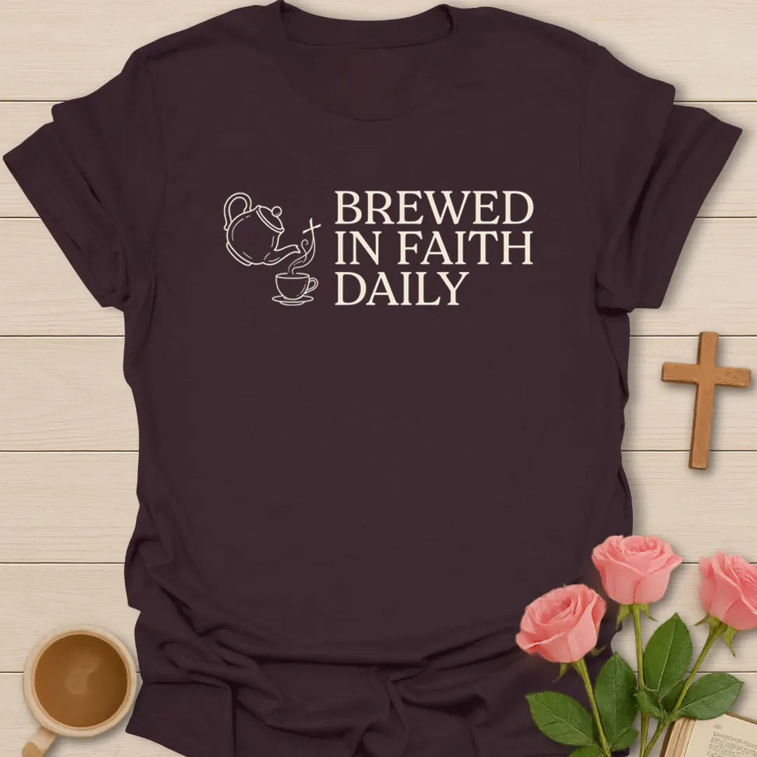 Brewed In Faith Daily Christian tea shirt with teapot, teacup, steam, and white vintage lettering - Dark Chocolate